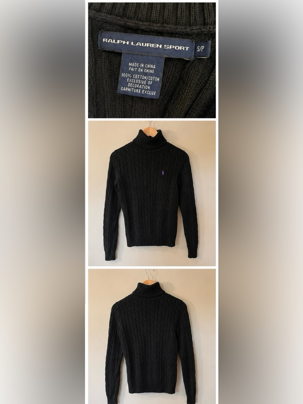 Ralph Lauren Sport Women’s Cable Knit Turtleneck Sweater Black Purple Logo Small - Picture 2 of 5